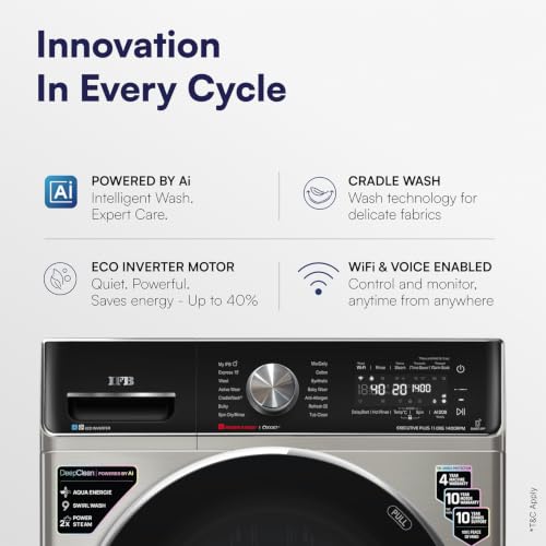 Image of IFB 11 Kg 5 Star, Ai DOS, OXYJET, 9 Swirl Wash, Steam Refresh, Eco Inverter, WiFi, DeepClean Fully Automatic Front Load Washing Machine(EXECUTIVE PLUS OXN 1114, 2X Power Steam,Inbuilt Heater,Silver)
