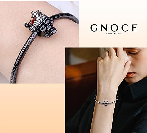 GNOCE Skull Charm Bead 925 Sterling Silver Black Crown Charm Black Plated with CZs Fit for Bracelet/Necklace Christmas Charm Gifts for Women Men