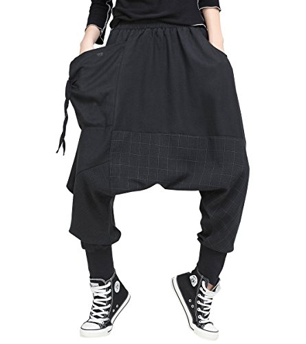 ELLAZHU Women Baggy Elastic Waist Harem Pants Drop Crotch Trousers GY1529 Black