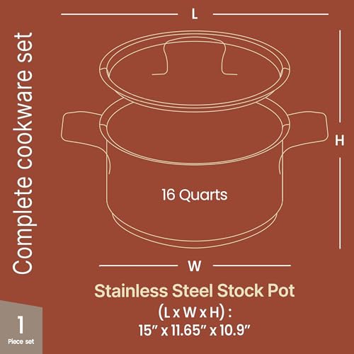 Stainless Steel Stockpot with Lid 16 Quart, Durable 18/8 Stainless Steel, Impact-Bonded Base for Even Heating, Riveted Handles, Oven & All Stove Compatible, Safe Up To 500°F (260°C) - Image 3