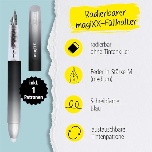 Online Füllhalter magiXX Dark Shadow I Füller mit radierbarer, blauer Tinte I inkl. 1 magiXX Patrone I Schreiben, radieren & korrigieren in einem I Füllfederhalter als Geschenk für Schule & Uni