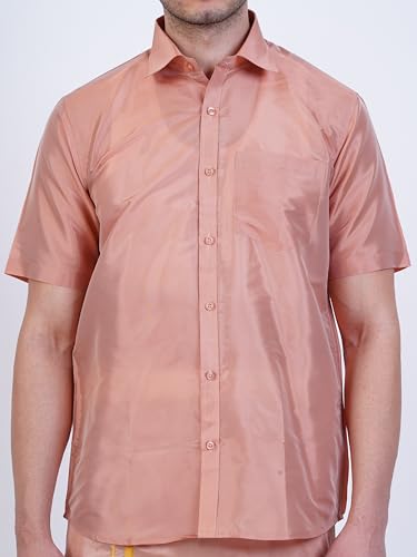 Image of PRAKASAM COTTON-Mens Art Silk Wedding Set /Art Silk 8 Mulam (8-Yard) Dhoti and Stitched Shirt for mens