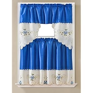 Bedding Haus 3 Piece Kitchen Curtain Linen Set- 2 Tiers 30″ W (Total Width 60″) x 36″ L and 1 Swag Valance 60″ W x 36″ L-Solid Embroidery Kitchen Curtain Décor Linen Short Panels(KC,Ruby,Royal Blue)