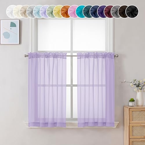 Image of Chyhomenyc Sheer Lilac Tier Curtains 24 Inch Length, Small Window Curtains Treatment for Bathroom Living Room Basement, Short Rod Pocket Cafe Curtain, 42W x 24L Inches, 2 Panels