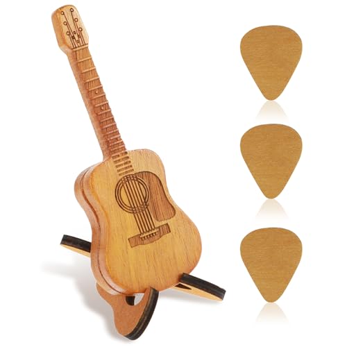 LLOUSSAK Holz Plektrumbox für Akustikgitarre mit Ständer, Gitarrenplektrumbox Gitarren Plektren Halter, 3 Picks Gitarrenplektren für Gitarren Bass Ukulelen Liebhaber