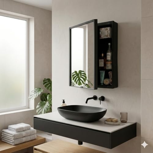 Image of BRANCO New Rich Look Bathroom Cabinet with Mirror | Storage Organiser | Strong Plastic Bathroom Shelves Wall Mounted | Bathroom Accessories| Mirror Cabinet- (Black)