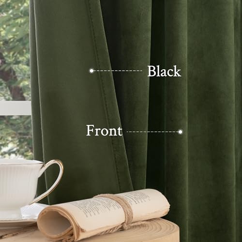 LAMIT Olive Green Velvet Curtains 84 Inch for Living Room, Luxury Thermal Insulated Blackout Curtains Room Darkening Back Tab and Rod Pocket Window Drapes for Bedroom, 2 Panels, 52 x 84 Inch