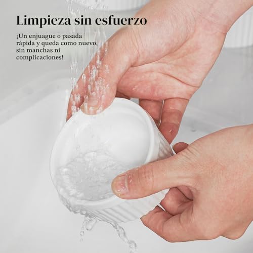 Miniatura 8 de Dowan Moldes Para Soufflé Con Tapas Set, 6 X 235 Ml Baking Moldes De Porcelana Para Hornear Crema Catalana Y Tartas, Cuencos De Postre, Apto Para Lavavajillas, Microondas Y Horno, Ø 10cm-Blanco