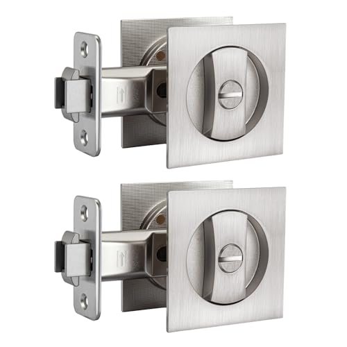 Image of goldenwarm Brushed Nickel Pocket Door Lock, Privacy Square Pocket Door Hardware Not-Adjustable 2-3 /8 inch Latch, Pocket Door Handles for Pocket Doors Sliding Doors 2 Pack