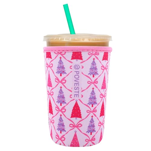 Image of Reusable Neoprene Insulator Sleeve for Iced Coffee & Cold Soda, Coffee Sleeves for Iced & Hot Drinks, Cold Beverage Cooler Compatible with Starbucks, Dunkin (Christmas Tree, Medium: 22-24oz)
