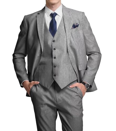 3 Piece Seersucker Suit Mens Slim Fit Beach Wedding Striped Suits Summer Groomsmen Blazer Vest Pants Set