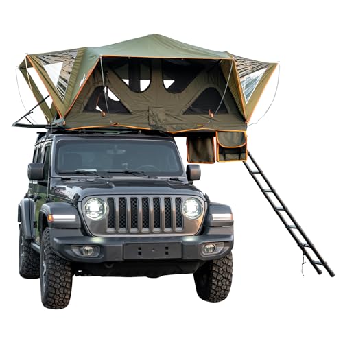 Naturnest Roof Top Tent - Soft Shell Rooftop Tent for Pickup Wagon Van SUV - All Seasons with Large Sunroof & Removable Rainfly & Telescopic Ladder (Dark Green)