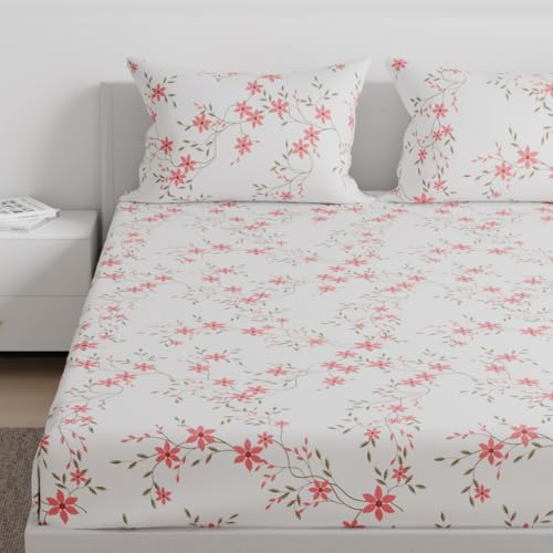 Image of Wakefit 100% Cotton 160 TC Flat Printed Bedsheet, Red Vine King Size (104x104 Inches) / (2.64m*2.64m) with 2 Pillow Covers Red Vine, King