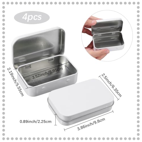 Image of 4 Pack 4 x 2.5 x 0.9In Tin Boxes Metal Hinged Container Lid White Iron Empty Rectangular Small Mini Storage Portable Organizer Containers for Tea Drawing Pin Candies Jewelry Crafts Supplies