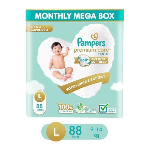 Image of Pampers Premium Care Pant Style Baby Diapers | Large (L size) | 88 Count | Voted India's Softest | All-in-1 with 360 Cottony Softness Diapers| 9-14kg (Pack of 3)