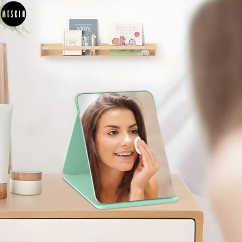 Image of MESKIN Portable Tablet Style Makeup Mirror with Foldable Stand | Compact Folding Free Hand Standing Mirror | Travel Friendly Vanity Mirror with PU Flap Cover (Pack of 1, Mint Green)