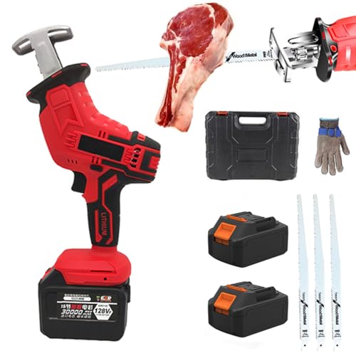 Scie de boucher électrique pour viande et os – Scie alternative en acier inoxydable pour usage domestique 2 piles 48 V 3000 mAh + 3 lames de scie, pour...