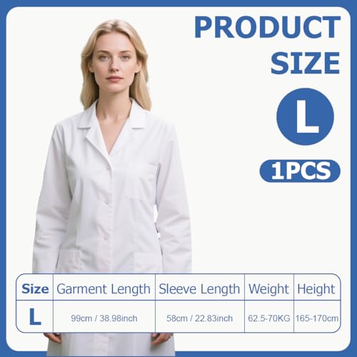 THQAE Laborkittel, Weißer Laborkittel Ärztemantel Damen Herren Laborkittel Chemie Kittel Labormantel Schutzkleidung für Labor Mantel Hygiene Langarm Medizin Mantel mit Tasche, L