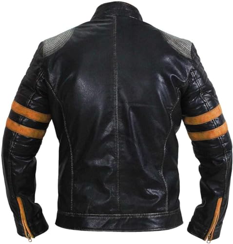 Image of Men's Leather Jacket Cafe Racer Biker Style Retro Stripes, Motorcycle Racing Leather Jacket Men (US, Alpha, Medium, Regular, Regular, S29) Retro Orange Stripes Distressed Black Jacket