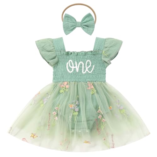 ODASDO Baby Girls First Birthday Outfit Sqaure Neck Ruffle Fly Sleeve Tulle Tutu Romper Dress with Bowknot Headband