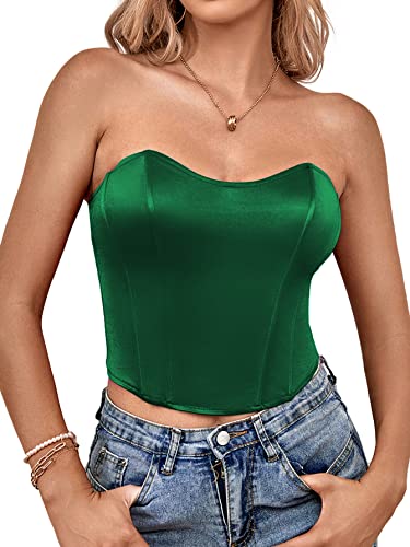 LYANER Women's Sexy Satin Sweetheart Crop Tube Tops Strapless Silk Bustier Cami Corset Top Turquoise X-Large