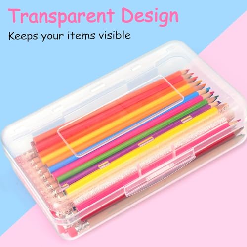 Sooez 1 Pack Pencil Case, Clear Pencil Box with Stickers, Large Plastic Crayon Box with Snap-tight Lid, Stackable Storage Box Art Craft Marker Organizer Box for Kids Boys Back to School, Pink