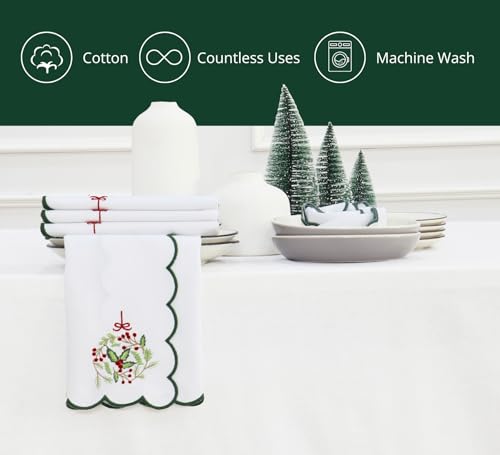 Image of PurpleEssences Scalloped Cloth Napkins 18x18 in - White Edges Green Wreath
