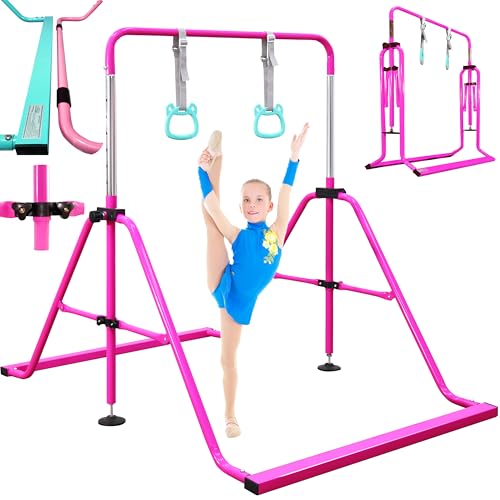 PreGymnastic Folding Gymnastics Bar with Rings, Foldable Kip Bar with Sturdier Base, Training Bar for Kids Ages 3-10, Horizontal Bar, Home Gym Equipment for Boy Girl