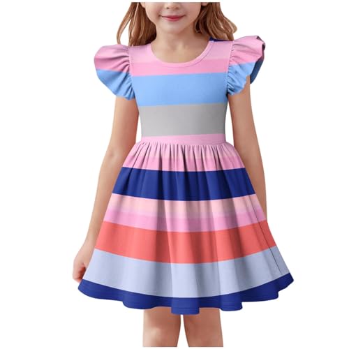 Girl's Summer Sundress Fashion Striped Color Block Ruffle Flutter Sleeve Dress Pleated A Line Midi Dresses