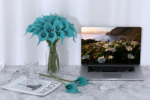 Image of SITUMEIZI 24 Pcs Teal Fake Flowers Artificial Calla Lily