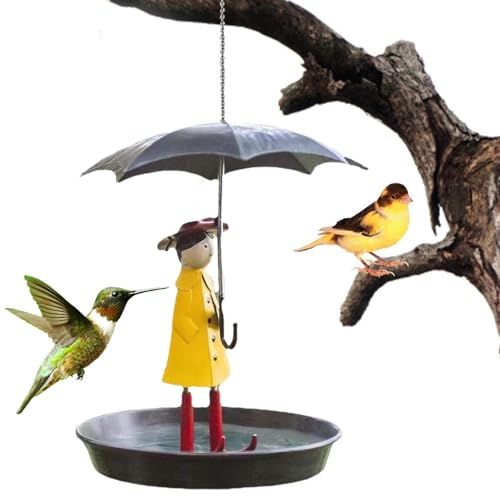 Bebedero para pájaros colgante, comedero para pájaros para exteriores, bebedero para pájaros de metal en estilo vintage, decoración de jardín colgante, comedero para pájaros para niñas y paraguas,