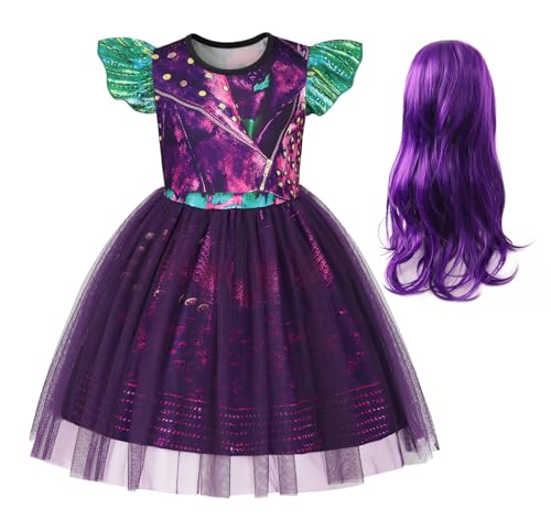 AmzBarley Red Costume Halloween Costumes for Kids Girls Cosplay Themed Party Role Play Fancy Dress Dressing up Clothes Purple Wig Age 3-4 Years 110