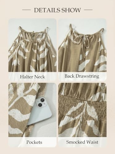 Image of BLENCOT Womens Summer Beach Halter Neck Dresses Casual Smocked A Line Floral Mini Dress with Pockets