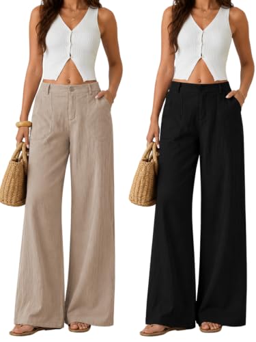 Image of GRECIILOOKS Beige Wide Leg Linen Trousers for Women | High Waist Cotton Baggy Korean Style Casual Pants | Comfortable Formal & Casual Women Trousers