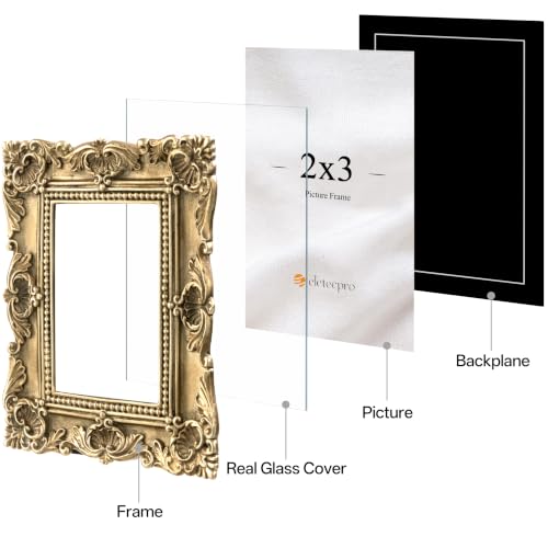Image of eletecpro 2x3 Vintage Picture Frame with Real Glass Cover, Ornate Antique Photo Frame, Display 2x3 Picture for Tabletop or Wall Hanging, Gold Home Decor for Gallery Art