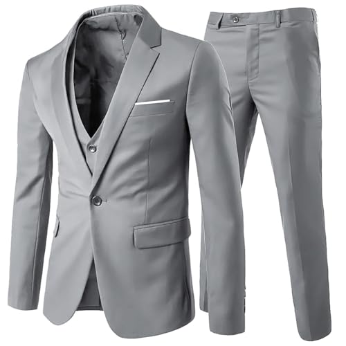 Anzug Herren Slim Fit 3 Teilig Anzüge Herrenanzug Sakko Hochzeit Business Hellgrau XL
