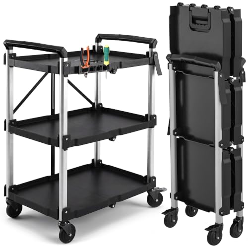 Image of YITAHOME 3-Tier Large Folding Utility Cart w /Wheels(2 Brakes), 300lbs | Foldable Service Cart Collapsible Rolling Cart w / 360 Swivel Wheels, Portable Cart w /Tool Side Mount Strap for Garage Office