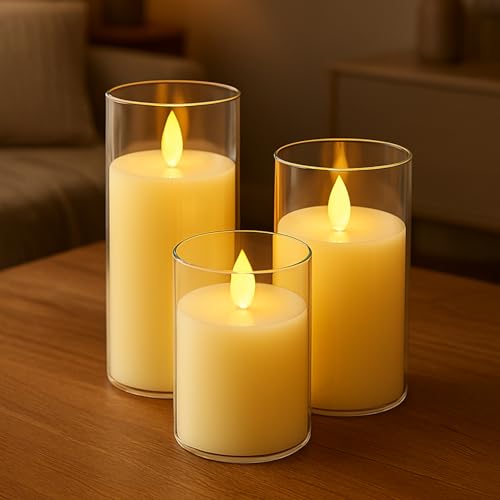 DECOVAA Flameless LED Pillar Candles Set of 3, Battery Operated Acrylic Glass Candles, Real Wax Look, Flickering LED Flame Light, Perfect for Home, Festive, Wedding, Diwali, and Party Decor