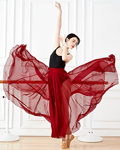 Paotit Women's Lyrical Dance Skirt Long Sheer Swing Wrap Skirt Modern Ballet Costumes For Performance Wine Red #TOP3