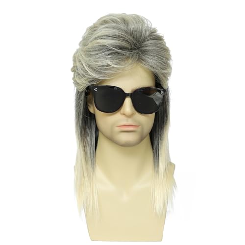 Image of 80s Men's Mullet Wig, Long Ombre Blonde & Black Retro Wig for Halloween Cosplay, Punk Rock Costume, Fancy Dress & 80s Theme Party (Blonde Mix Black)