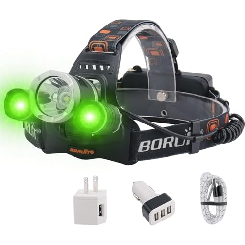 BORUIT RJ-3000 Rechargeabe LED Headlamp Super Bright with Green Light, 3 Modes Super Bright USB Head Lamp IPX4 Waterproof Headlight for Adults USB Outdoor Fishing Camping