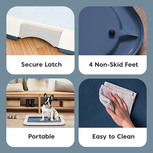 Image of IRIS USA Pee Pad Holder for Dogs and Puppies, Potty Training Tray with Secured Latches, Non-Skid Feet, Leak Protection, Easy Clean Surface, Fits 17 inchx 23 inch Puppy Pads Size, Navy