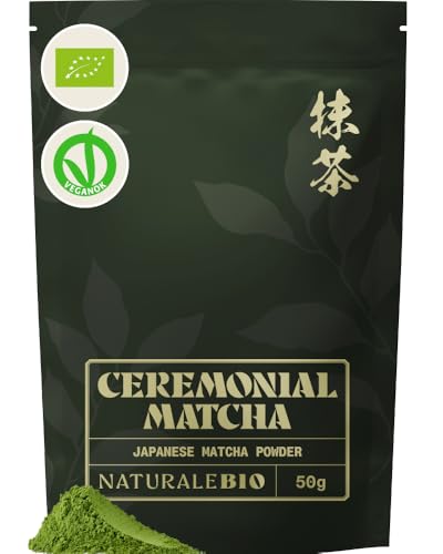NaturaleBio Organic Ceremonial Grade Matcha Powder, 50g. From Uji, Kyoto for Traditional Japanese Tea Ceremony. Green Tea Free of Added Sugars and Preservatives option