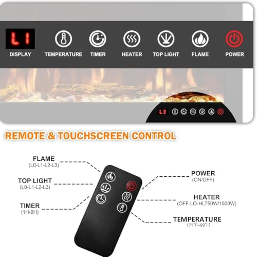 Image of 95-Inch WiFi Electric Fireplace, 5.51-Inch Deep Recessed or Wall-Mounted Heater, 1500W, 6 Flame and 13 Ember Colors, Tuya App, Alexa, Google Home, Remote