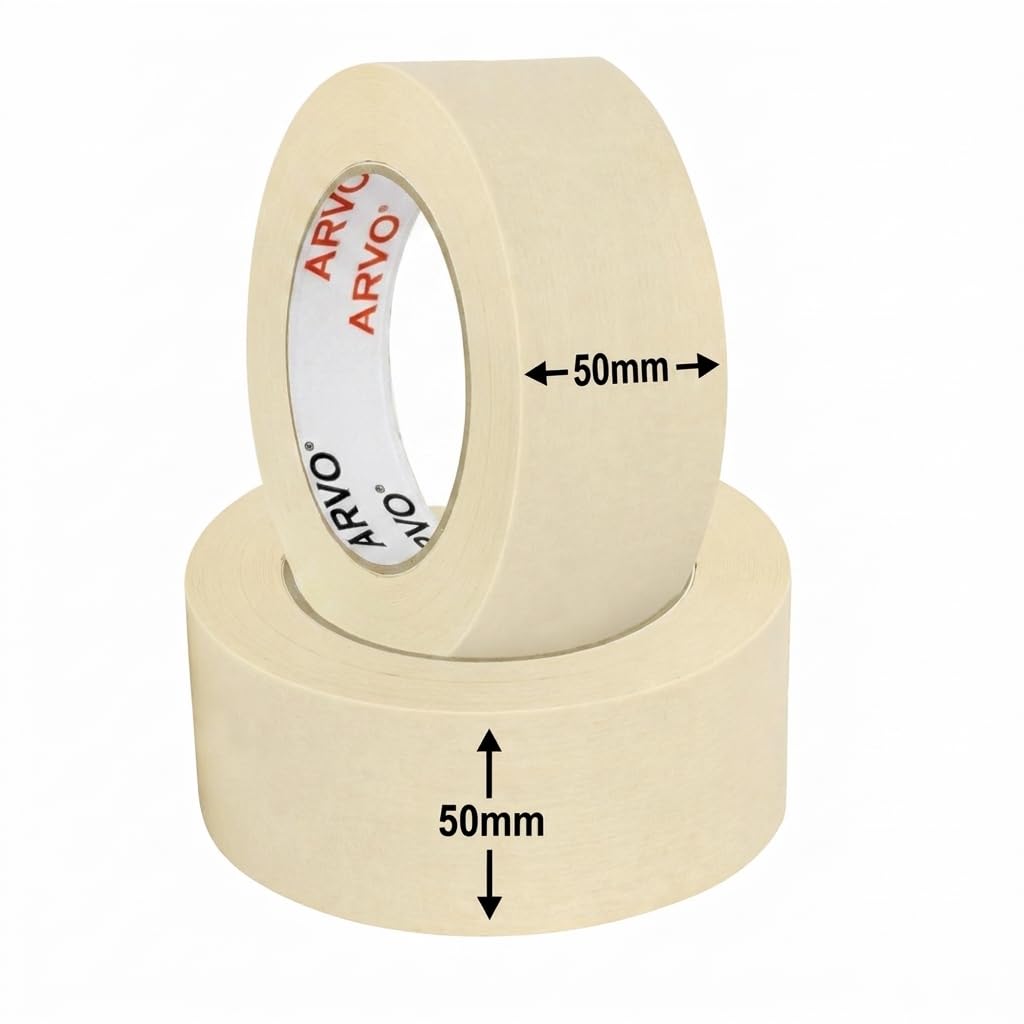 ARVO Masking Tape for Painting – 50 mm x 50 m Decorators Painters Tape | Medium-High Adhesion, Crepe Paper for Walls, Trim & Multi-Surface Indoor Decorating – Pack of 2