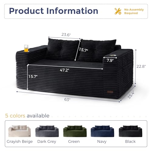 Image of MAXYOYO 63 inch Boneless Loveseat Sofa Couch for Small Spaces, Mini Love Seat Floor Couch with Cup Holders and Pillows, 2-Seater Upholstered Cloud Couch for Bedroom Apartment, No Assembly Required