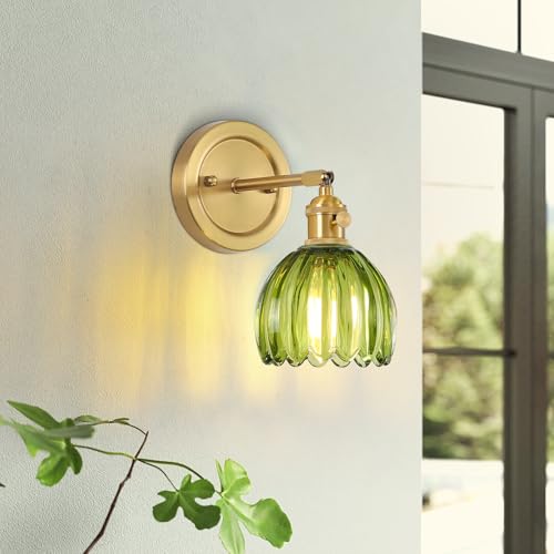 Image of Vintage Wall Sconces Set of 2 Corded Wall Sconce Indoor Wall Mount Lamp with Tulip Glass Shade 180Adjustable Victorian Art Wall Light with Twist Switch for Bedside Doorway (Green, Hardwired)