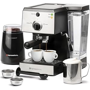 EspressoWorks All-In-One Espresso Machine with Milk Frother 7-Piece Set - Latte Maker Includes Grinder, Frothing Pitcher, Cups, Spoon and Tamper - Coffee Gifts (Stainless Steel) EspressoWorks All In One Espresso Machine with Milk Frother 7 Piece Set Latte Maker Includes Grinder Frothing Pitcher Cups Spoon and Tamper Coffee Gifts Stainless Steel