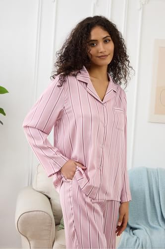 Image of YiNi LuLu Womens Silk Satin Pajamas Set Button Down 2 Piece Pjs Long Sleeve Oversized Sleepwear with Pockets