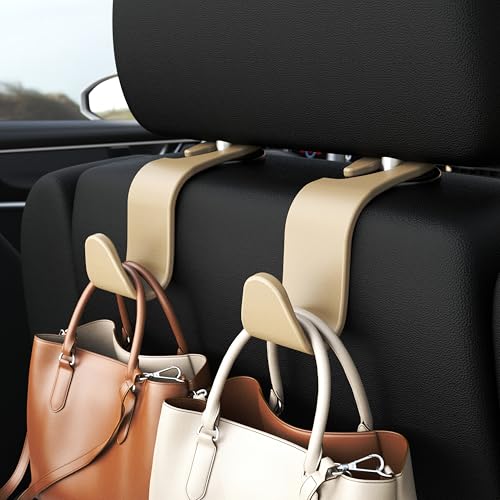 Image of 4-Pack Car Headrest Hooks Holds 55lbs Seat Storage Organizer for Bags | Durable ABS Material, 360 Rotating, Car Hanger for Backpack Umbrella Water Bottle Coat Purses Handbags Groceries, Beige